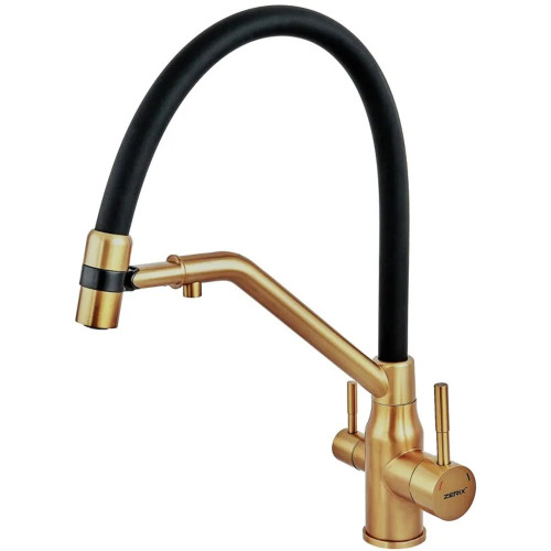 Змішувач для кухні з силіконовим виливом Zerix MAG-021 Brushed Gold Refl.Black з нержавіючої сталі SUS304 з виходом для питної води (ZX6007)