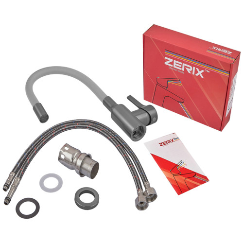 Змішувач для кухні ZERIX REX-011 GRAPHITE REFL.GREY з нерж. сталі (Колір графіт + силіконовий вилив сірий) (ZX6130)
