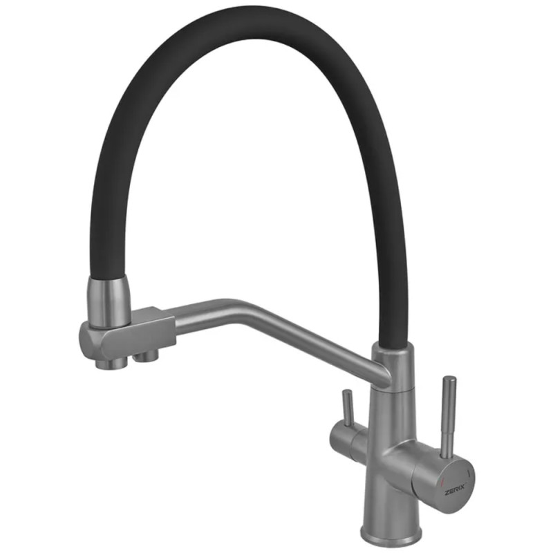 Смеситель для кухни с силиконовым изливом Zerix FUL-021 Graphite Refl.Black из нерж. стали SUS304 с выходом для пит.воды (ZX5999)