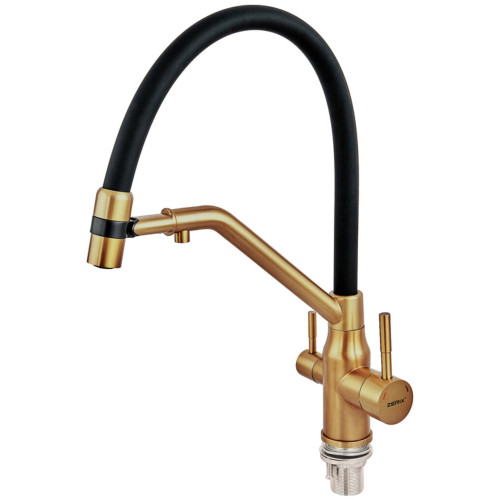 Смеситель для кухни с силиконовым изливом Zerix MAG-021 Brushed Gold Refl.Black из нерж. стали SUS304 с выходом для пит.воды (ZX6007)