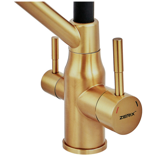 Смеситель для кухни с силиконовым изливом Zerix MAG-021 Brushed Gold Refl.Black из нерж. стали SUS304 с выходом для пит.воды (ZX6007)