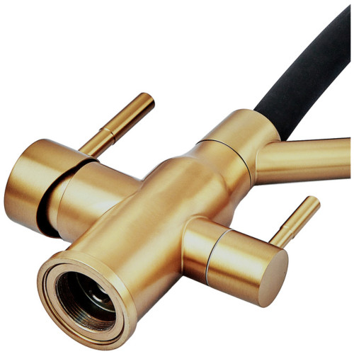 Смеситель для кухни с силиконовым изливом Zerix MAG-021 Brushed Gold Refl.Black из нерж. стали SUS304 с выходом для пит.воды (ZX6007)