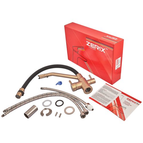 Смеситель для кухни с силиконовым изливом Zerix MAG-021 Brushed Gold Refl.Black из нерж. стали SUS304 с выходом для пит.воды (ZX6007)