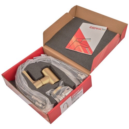Смеситель для кухни ZERIX REX-011 BRUSHED GOLD REFL.GREY из нерж. стали (Цвет матовое золото+силиконовый излив серый) (ZX6133)