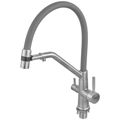 Смеситель для кухни с силиконовым изливом Zerix MAG-021 Refl.Gray из нерж. стали SUS304 с выходом для пит.воды (изл.серый) (ZX6004)