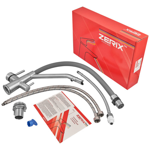 Смеситель для кухни с силиконовым изливом Zerix MAG-021 Refl.Gray из нерж. стали SUS304 с выходом для пит.воды (изл.серый) (ZX6004)