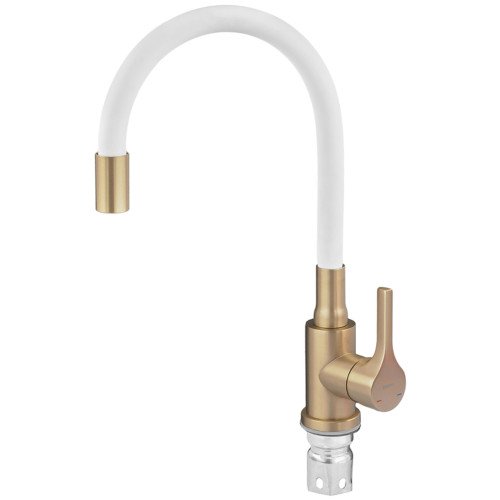 Смеситель для кухни ZERIX REX-011 BRUSHED GOLD REFL.WHITE из нерж. стали (Цвет матовое золото+силиконовый излив белый) (ZX6134)