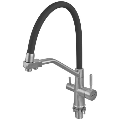 Смеситель для кухни с силиконовым изливом Zerix FUL-021 Refl.Black из нерж. стали SUS304 с выходом для пит.воды (ZX5997)