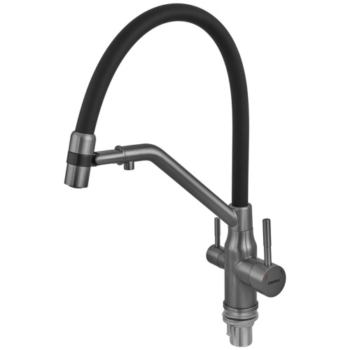 Смеситель для кухни с силиконовым изливом Zerix MAG-021 Graphite Refl.Black из нерж. стали SUS304 с выходом для пит.воды (ZX6005)