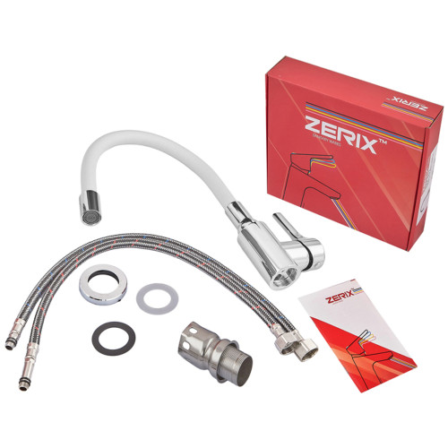 Смеситель для кухни ZERIX REX-011 CHROME REFL.WHITE из нерж. стали (Цвет хром+силиконовый излив белый) (ZX6129)