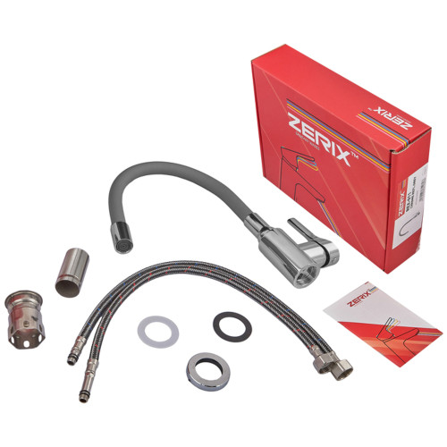 Смеситель для кухни ZERIX REX-011 CHROME REFL.GREY из нерж. стали (Цвет хром+силиконовый излив серый) (ZX6128)